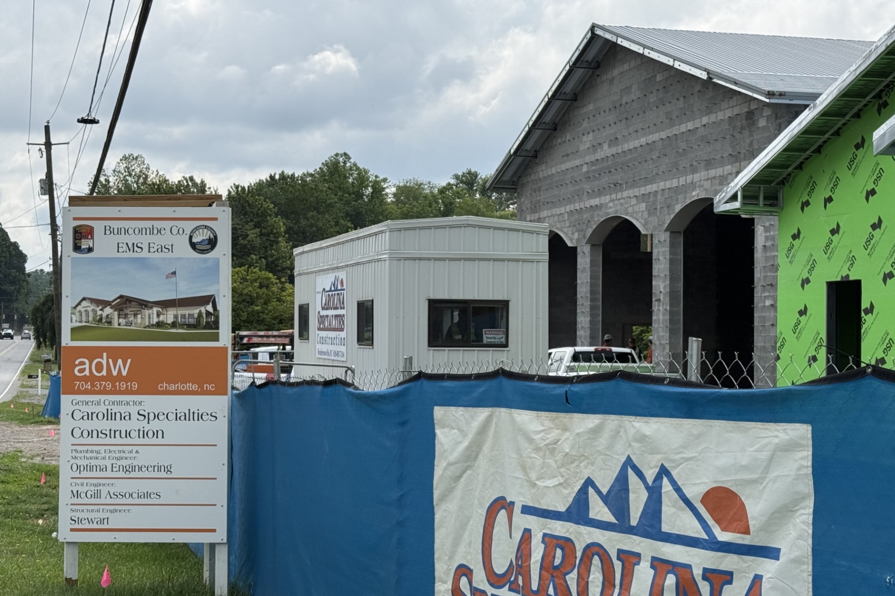 Crews work on the new Buncombe County EMS East station in Swannanoa, a nearly $10 million project designed to expand emergency medical services and reduce response times.