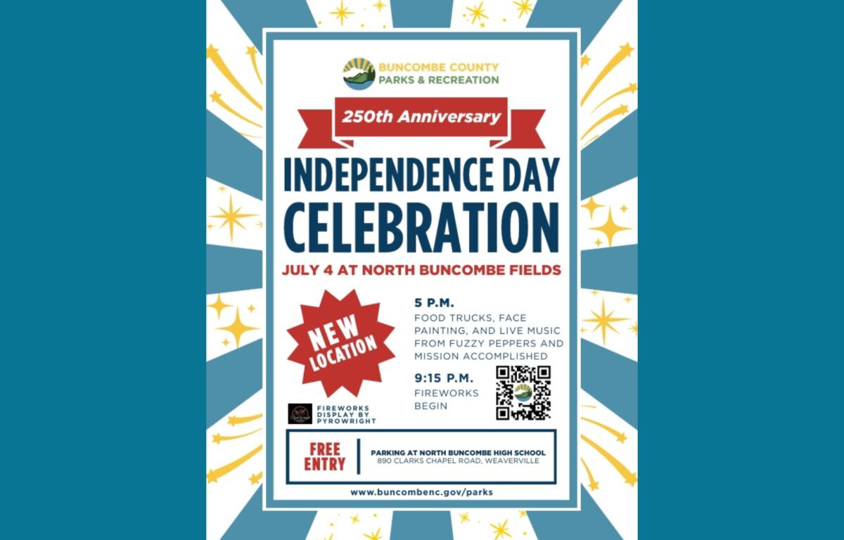 Poster announcing Buncombe County Parks & Recreation 250th Anniversary Independence Day Celebration on July 4 at North Buncombe Fields, with fireworks and activities starting 5 P.M.