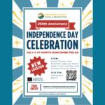 Poster announcing Buncombe County Parks & Recreation 250th Anniversary Independence Day Celebration on July 4 at North Buncombe Fields, with fireworks and activities starting 5 P.M.