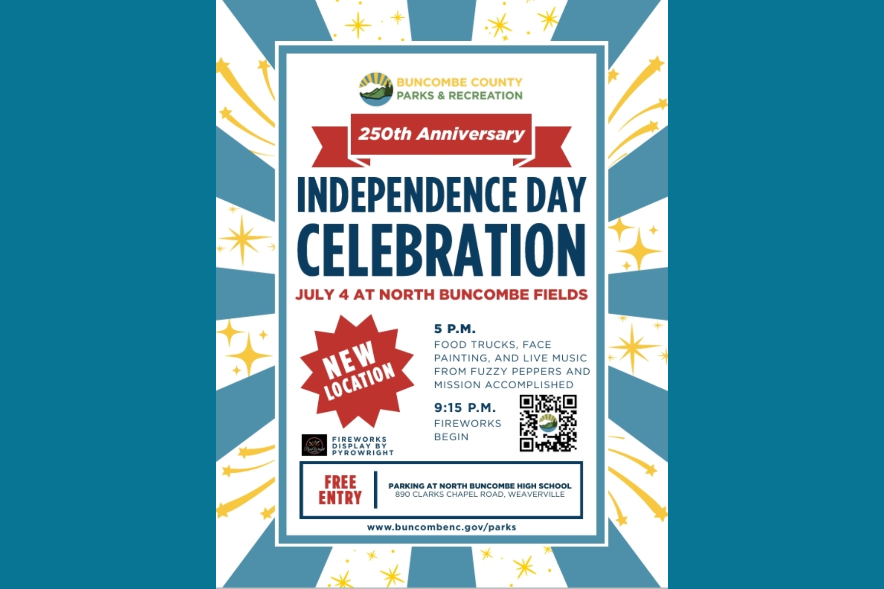 Poster announcing Buncombe County Parks & Recreation 250th Anniversary Independence Day Celebration on July 4 at North Buncombe Fields, with fireworks and activities starting 5 P.M.