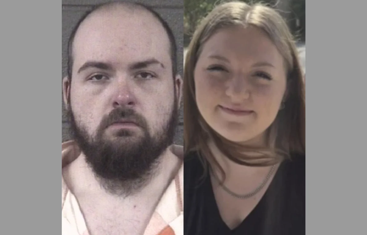 Mugshots of a bearded man on the left and a smiling woman on the right.