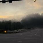 Morning fog over a road with guardrails, trees in the distance, and a green traffic light overhead on the right.
