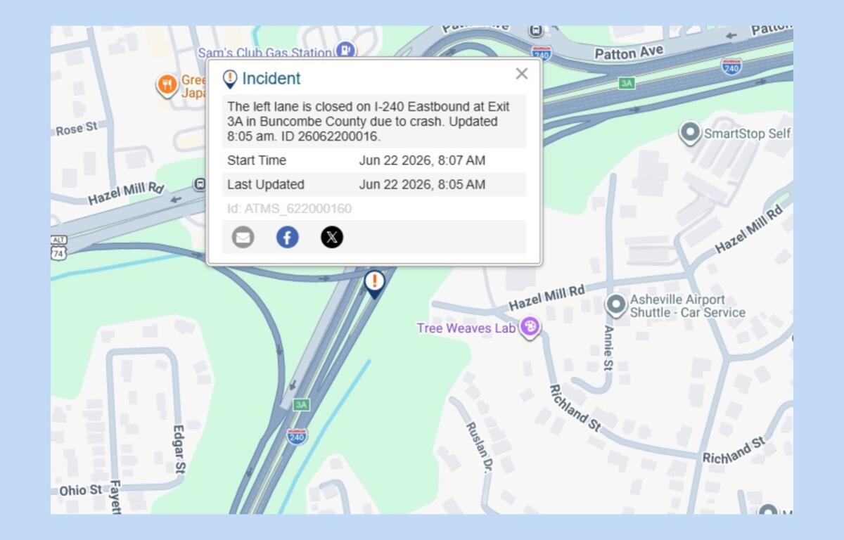 A crash has closed the left lane of Interstate 240 East near Exit 3A in Buncombe County, according to state transportation officials