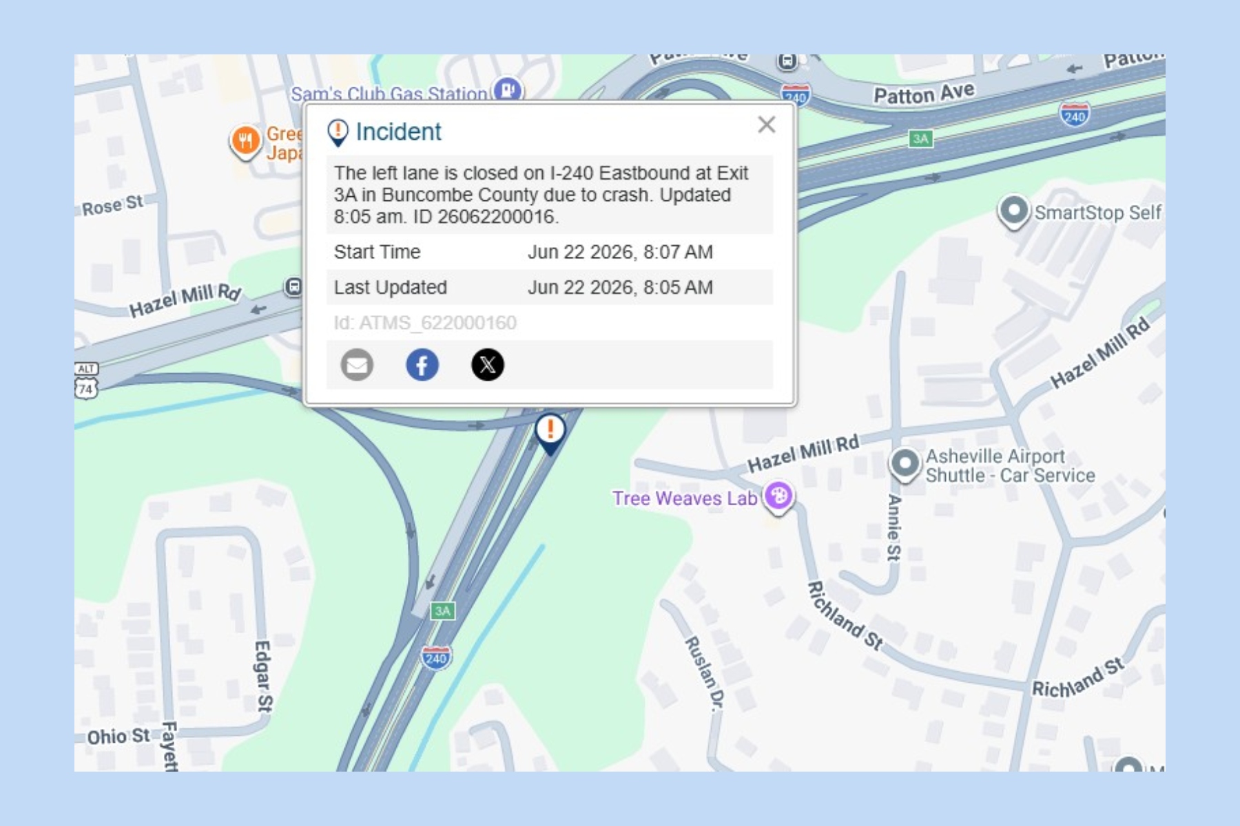 A crash has closed the left lane of Interstate 240 East near Exit 3A in Buncombe County, according to state transportation officials