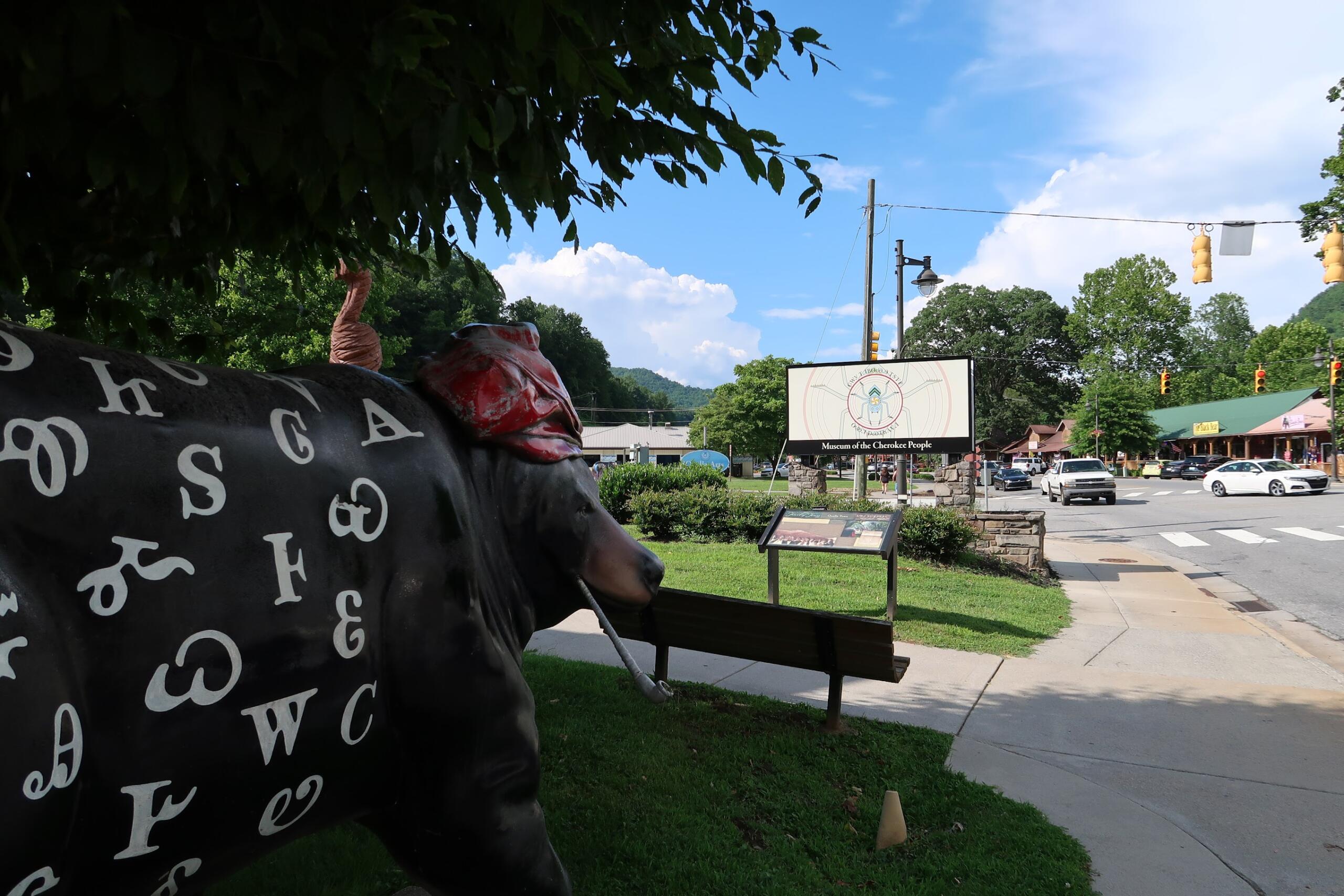 Life-size cow statue painted with white letters in a park, with the Museum of the Cherokee People sign visible across the street.