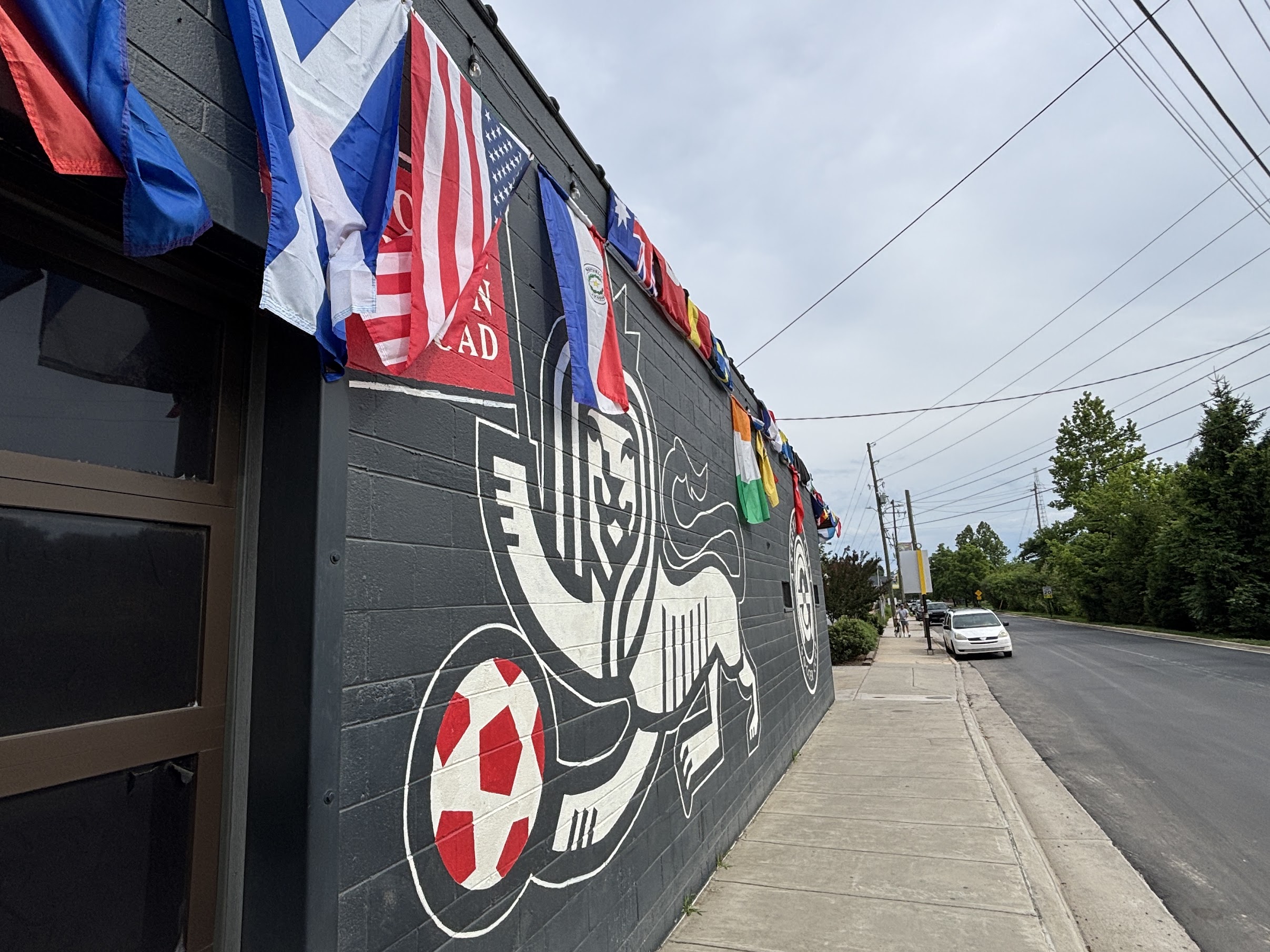 Row of international flags hanging along a dark mural-wall on a city sidewalk, with power lines overhead and a cloudy sky.