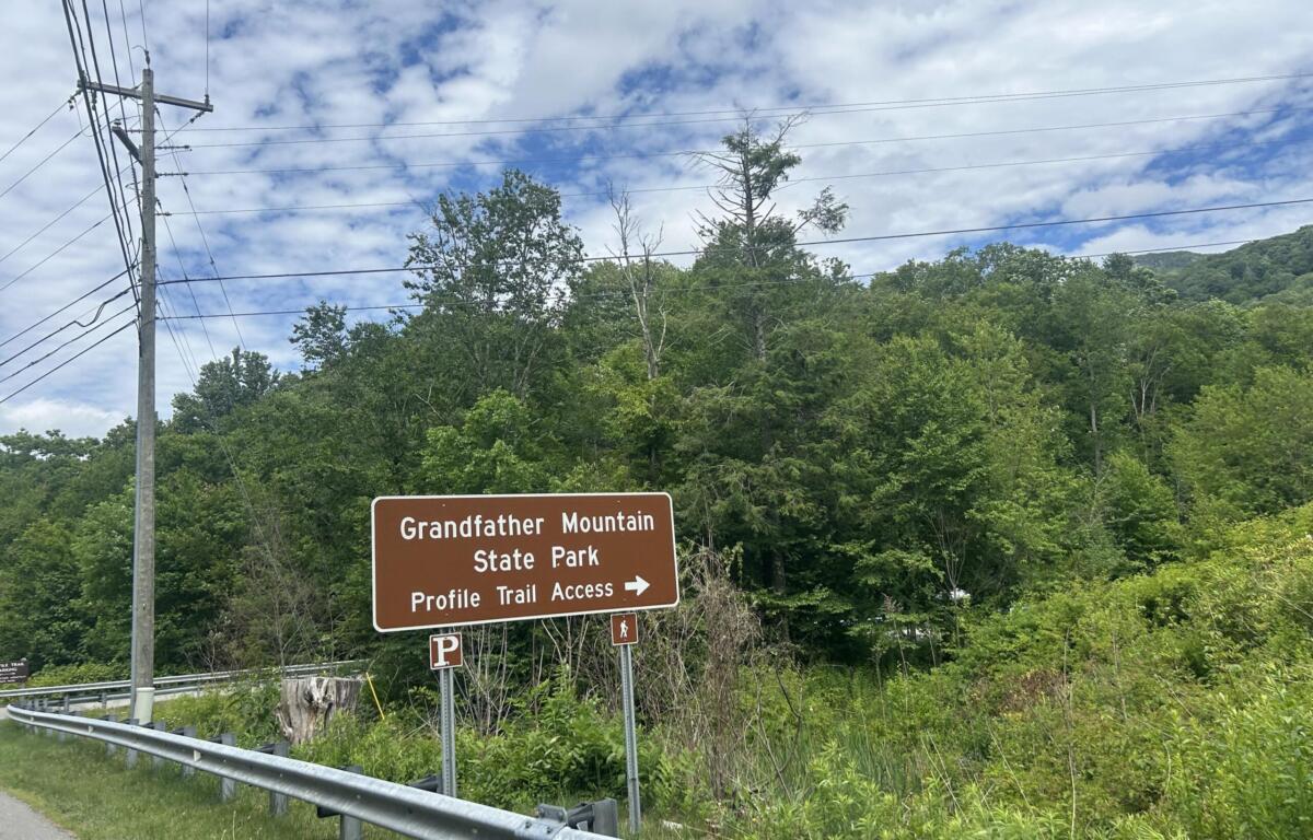 Brown road sign reading 'Grandfather Mountain State Park' with arrows and 'Profile Trail Access' in a wooded roadside area, beside a guardrail and power lines.