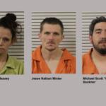 Mugshot lineup: three individuals in front of a height chart wearing jail uniforms (left in green, center in orange, right in orange).