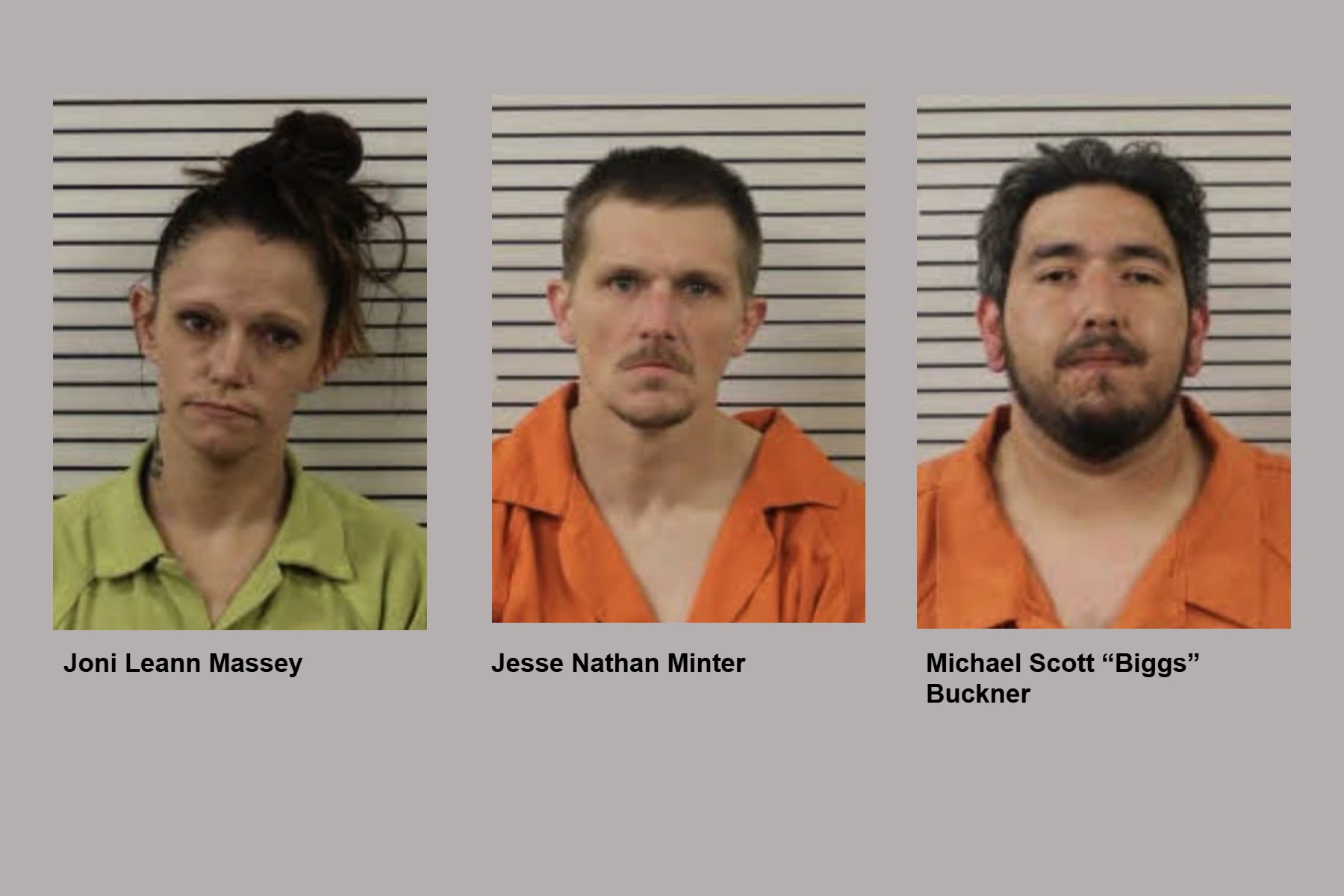 Mugshot lineup: three individuals in front of a height chart wearing jail uniforms (left in green, center in orange, right in orange).