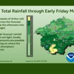 Infographic map of storm total rainfall across North Carolina with county values and event logos (NOAA, NWS).