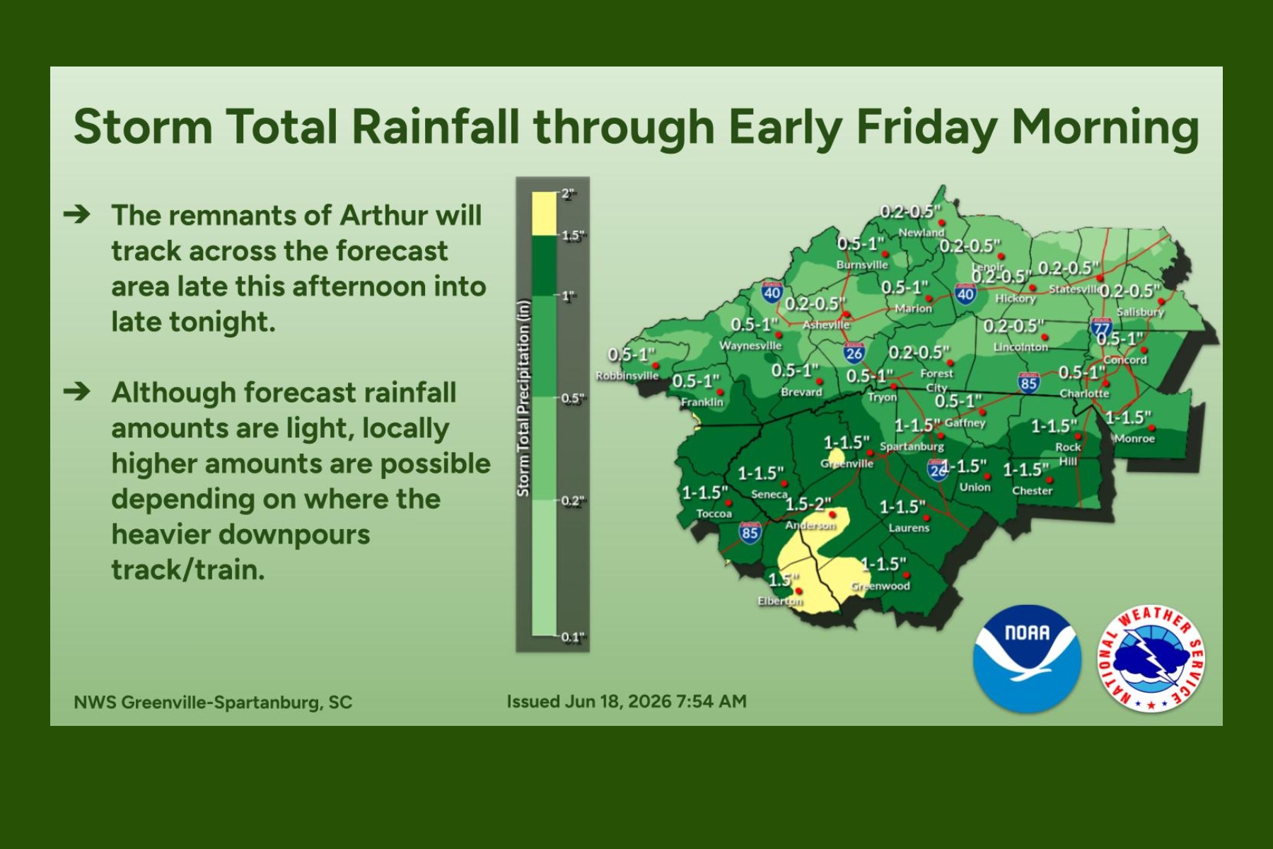 Infographic map of storm total rainfall across North Carolina with county values and event logos (NOAA, NWS).