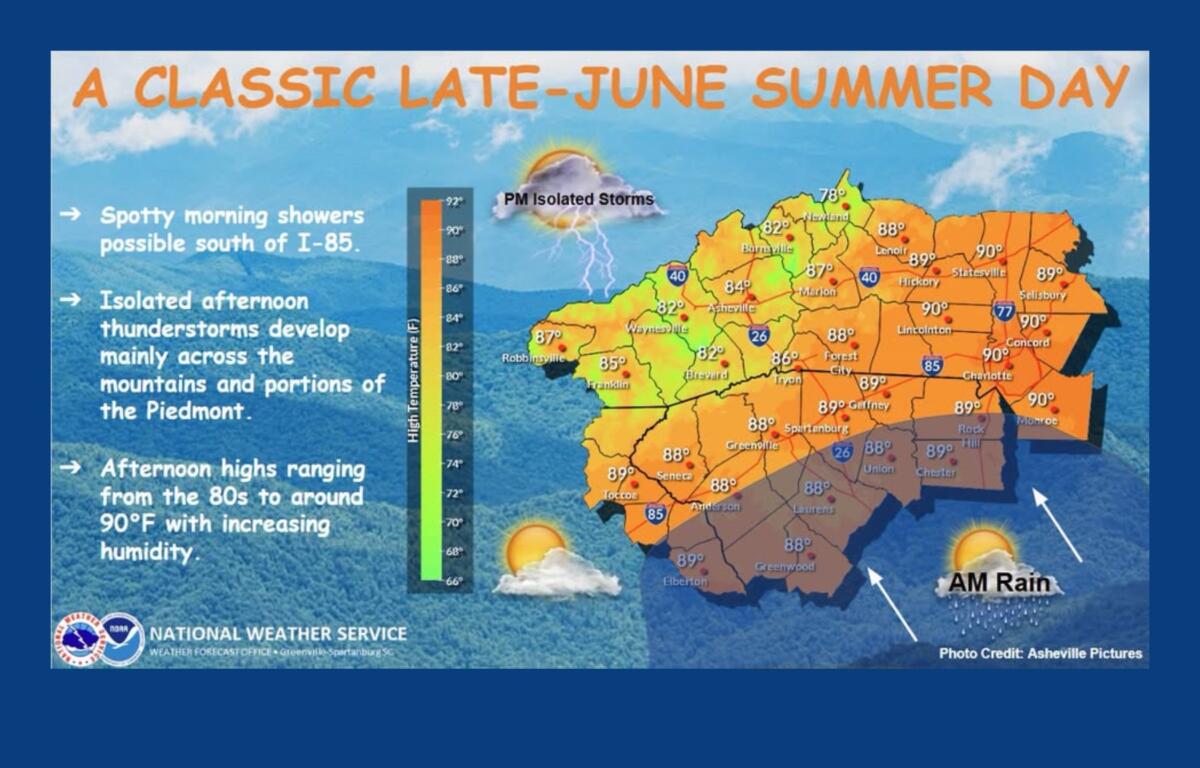 NOAA weather infographic showing high temperatures across the region with orange shading, storm icon, and the title 'A Classic Late-June Summer Day' on the left.