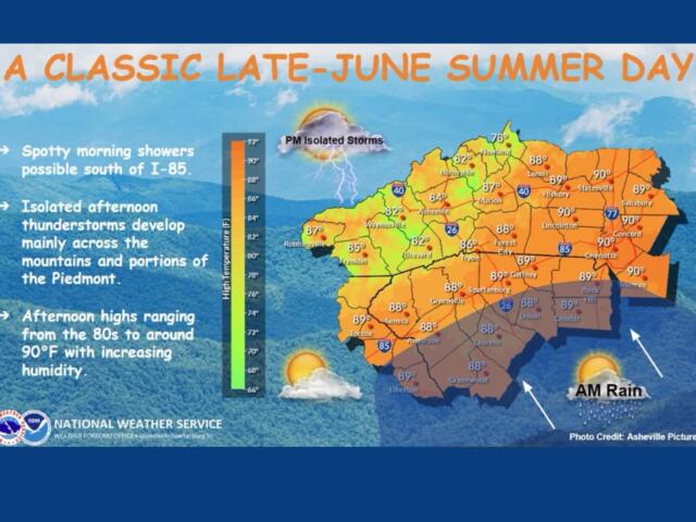 NOAA weather infographic showing high temperatures across the region with orange shading, storm icon, and the title 'A Classic Late-June Summer Day' on the left.