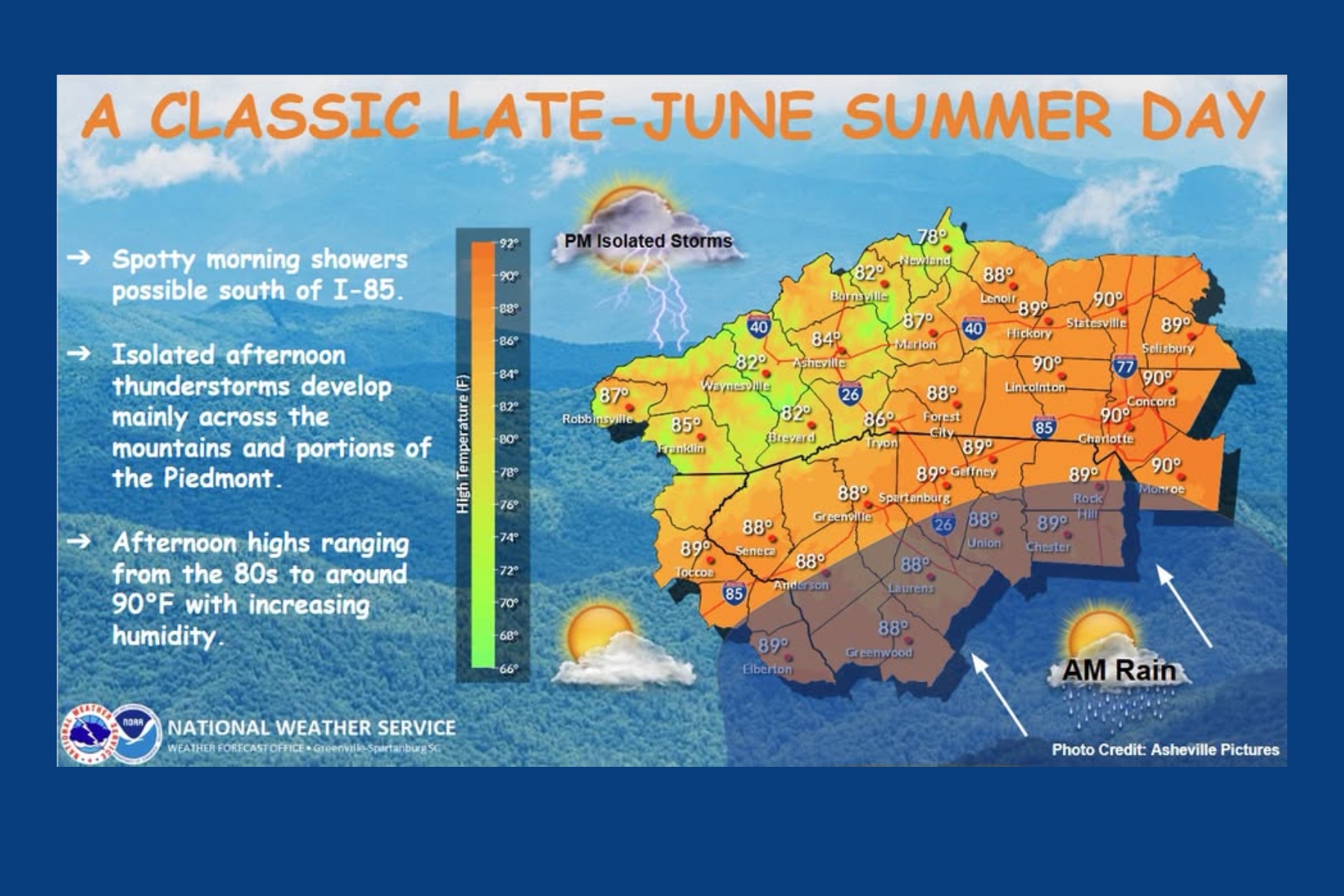 NOAA weather infographic showing high temperatures across the region with orange shading, storm icon, and the title 'A Classic Late-June Summer Day' on the left.