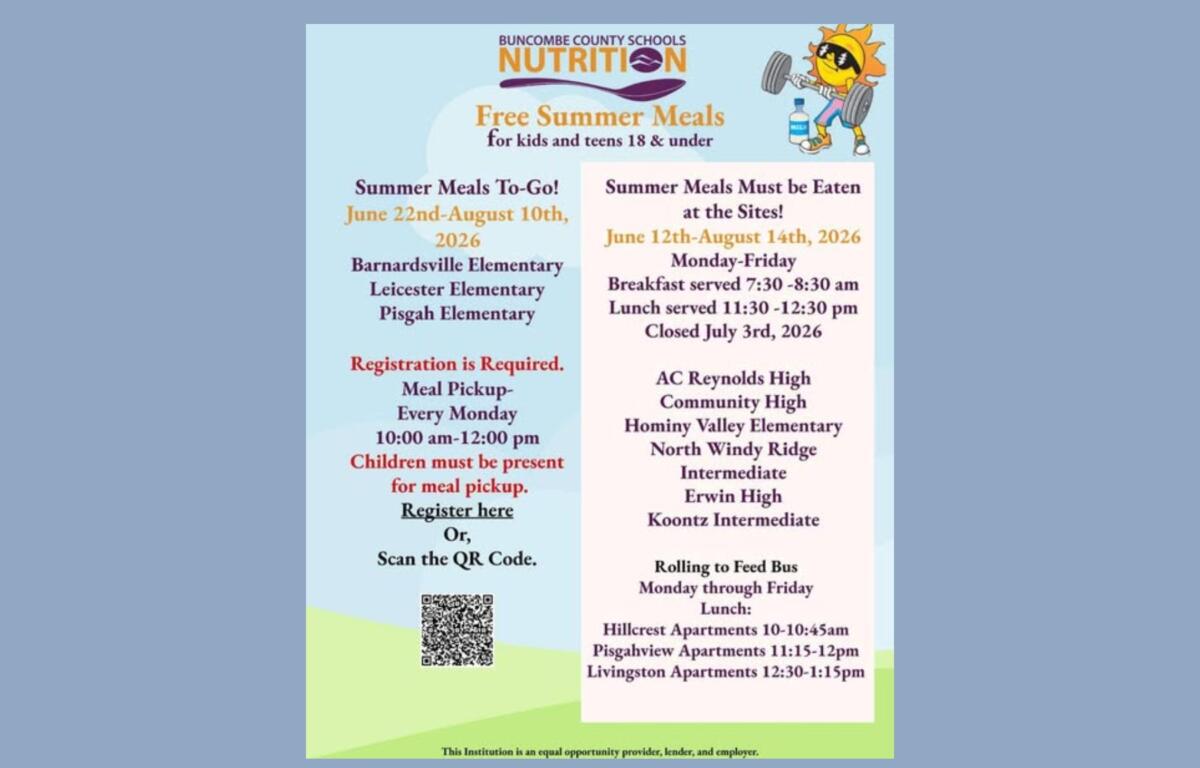Flyer announcing Buncombe County Schools' free summer meals for kids 18 and under, with site locations, dates, pickup times, and a QR code.
