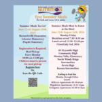 Flyer announcing Buncombe County Schools' free summer meals for kids 18 and under, with site locations, dates, pickup times, and a QR code.