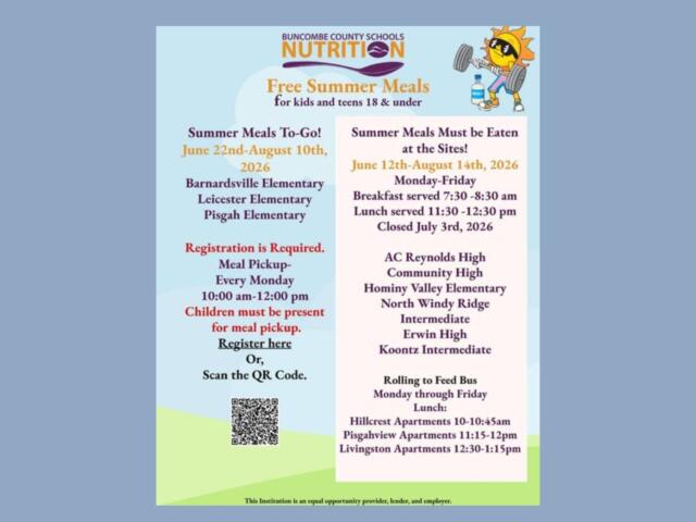 Flyer announcing Buncombe County Schools' free summer meals for kids 18 and under, with site locations, dates, pickup times, and a QR code.