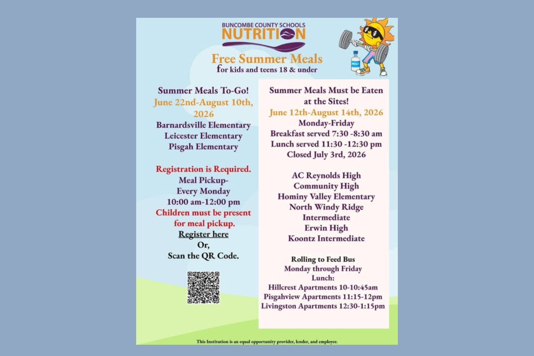 Flyer announcing Buncombe County Schools' free summer meals for kids 18 and under, with site locations, dates, pickup times, and a QR code.