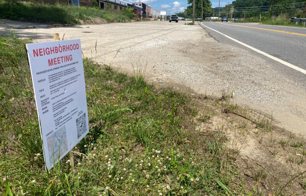 Swannanoa River Road near Britt Drive is shown on June 26, 2026, where a developer has proposed a 549-unit multifamily housing project.