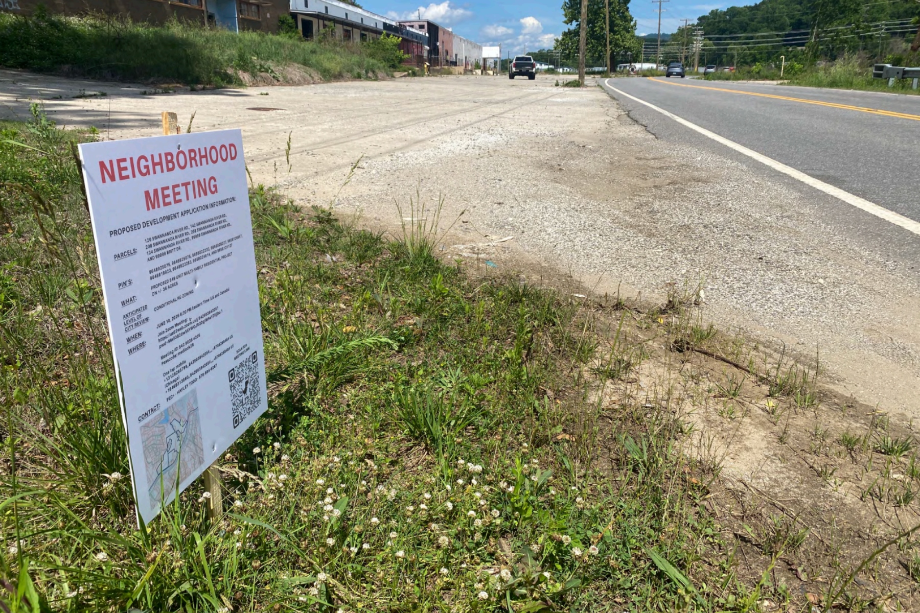 Swannanoa River Road near Britt Drive is shown on June 26, 2026, where a developer has proposed a 549-unit multifamily housing project.