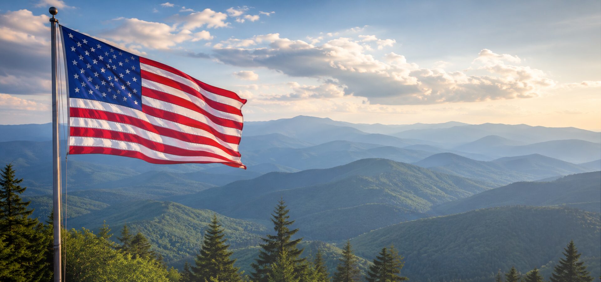 American flag waving on a flagpole with blue mountain ranges and evergreen trees in the foreground under a partly cloudy sky.