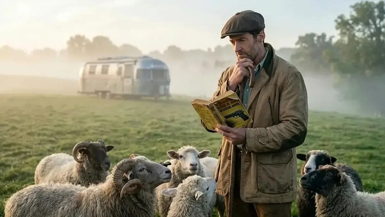 Shepherd reading a yellow book while surrounded by sheep in a misty field with a trailer in the background.