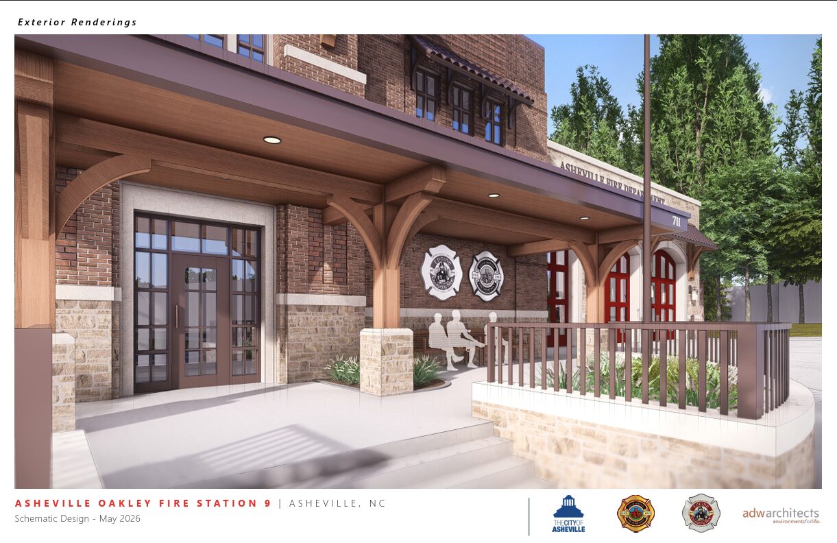 Exterior rendering of Asheville Oakley Fire Station 9 in Asheville, NC, featuring brick and stone facade, wooden arches, and a front entrance.