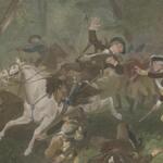 A chaotic battle in a forest: a rider is knocked from a white horse as soldiers clash with swords nearby.