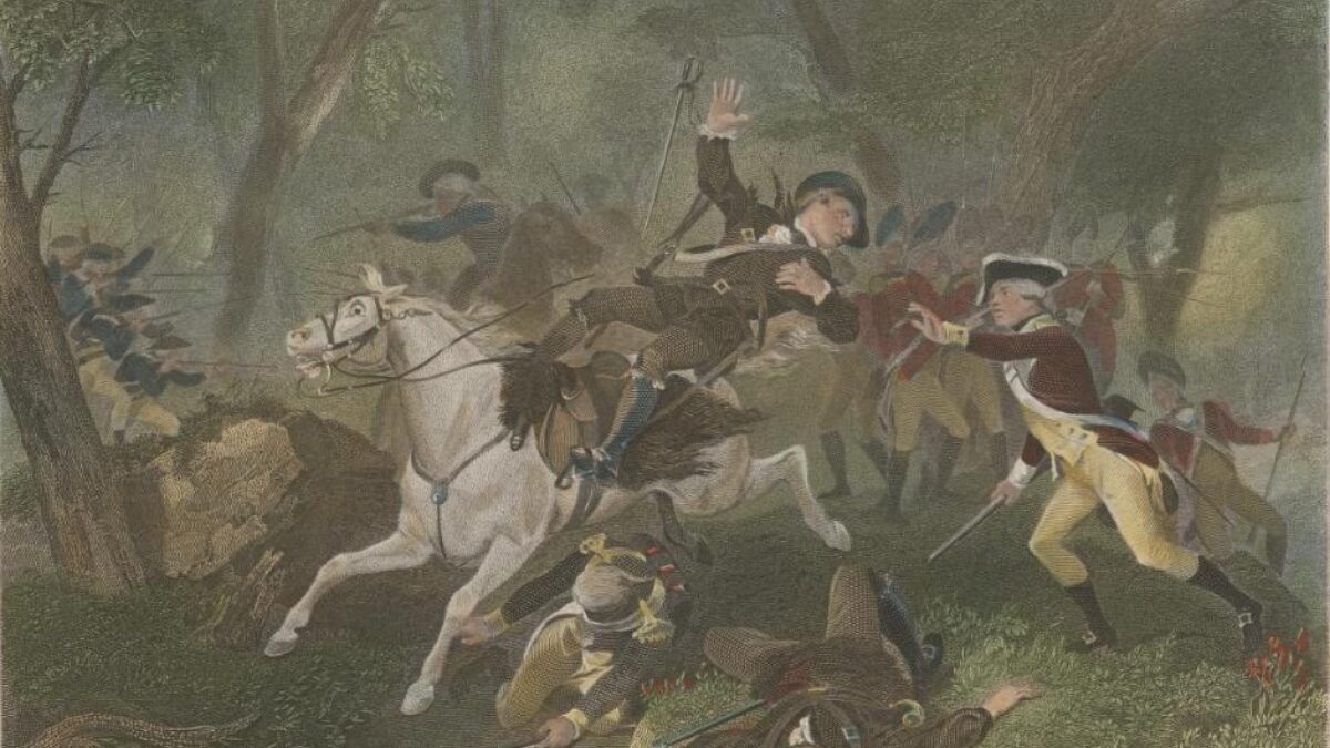 A chaotic battle in a forest: a rider is knocked from a white horse as soldiers clash with swords nearby.