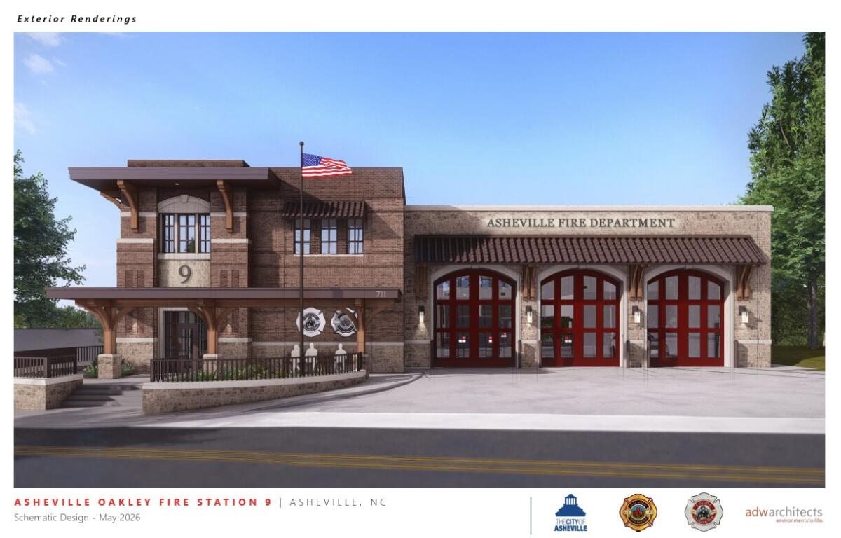 Exterior rendering of Asheville Oakley Fire Station 9 in Asheville, NC, showing brick building with red bay doors and American flag on a clear day