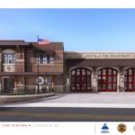 Exterior rendering of Asheville Oakley Fire Station 9 in Asheville, NC, showing brick building with red bay doors and American flag on a clear day