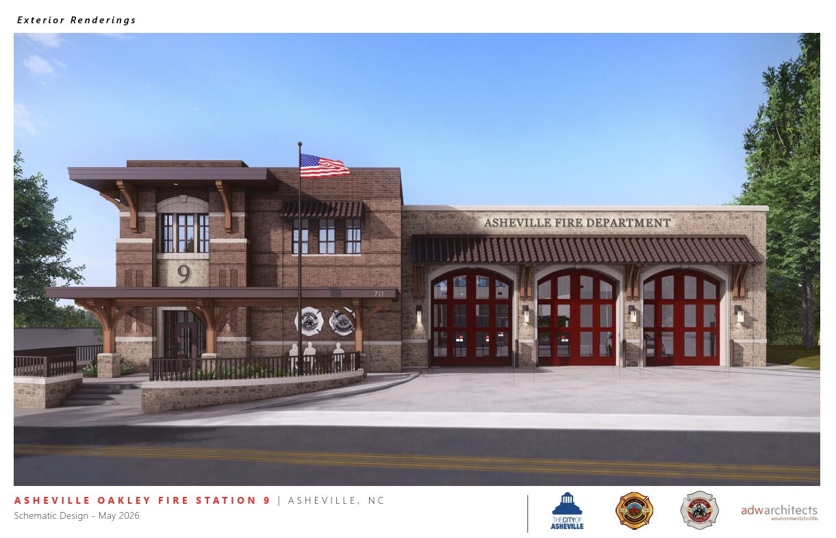 Exterior rendering of Asheville Oakley Fire Station 9 in Asheville, NC, showing brick building with red bay doors and American flag on a clear day