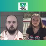 Logo of 828 News Now above two side-by-side photos: left is a man with a beard in an orange jail uniform (mugshot); right is a smiling young woman outdoors in a black shirt.