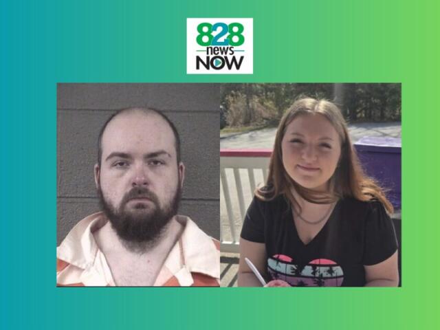 Logo of 828 News Now above two side-by-side photos: left is a man with a beard in an orange jail uniform (mugshot); right is a smiling young woman outdoors in a black shirt.