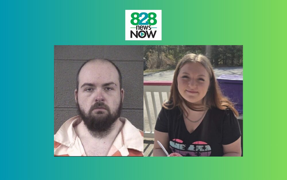 Logo of 828 News Now above two side-by-side photos: left is a man with a beard in an orange jail uniform (mugshot); right is a smiling young woman outdoors in a black shirt.