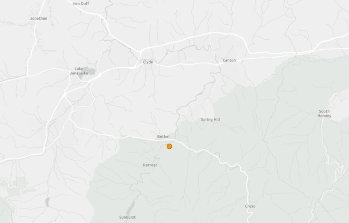 Map snippet showing roads and towns (Clyde, Canton, Bethel, Retreat, Lake Junaluska) with an orange location pin south of Bethel.