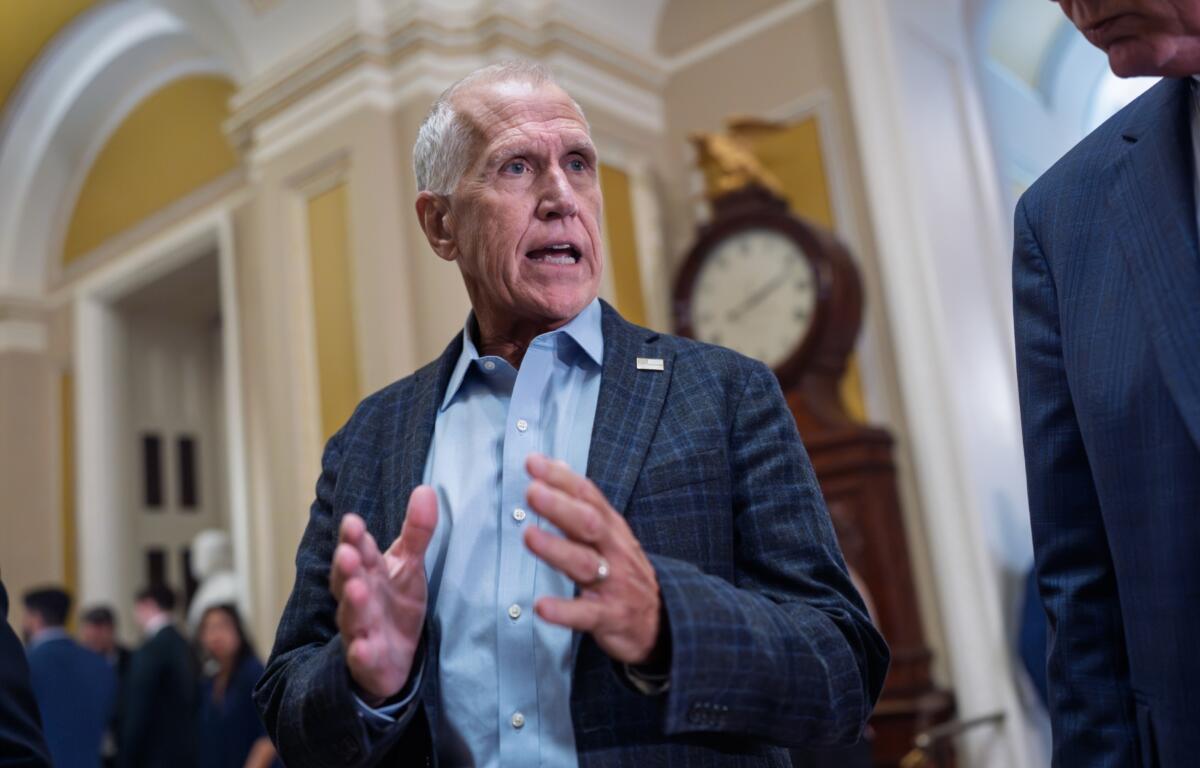 Sen. Thom Tillis, R-N.C., heads to the chamber following a closed-door meeting with fellow Republicans, at the Capitol in Washington, Tuesday, June 2, 2026. (AP Photo/J. Scott Applewhite)