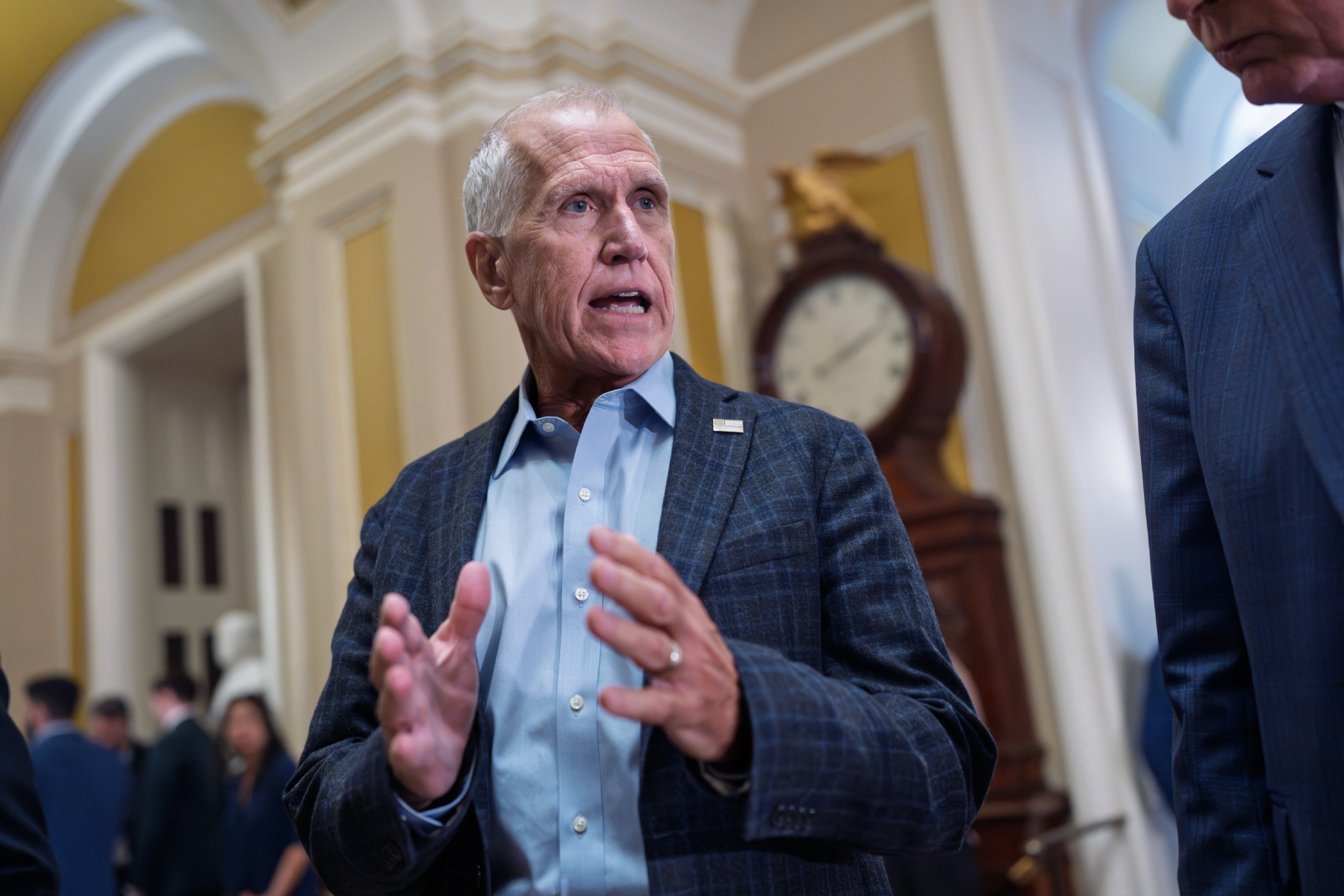 Sen. Thom Tillis, R-N.C., heads to the chamber following a closed-door meeting with fellow Republicans, at the Capitol in Washington, Tuesday, June 2, 2026. (AP Photo/J. Scott Applewhite)