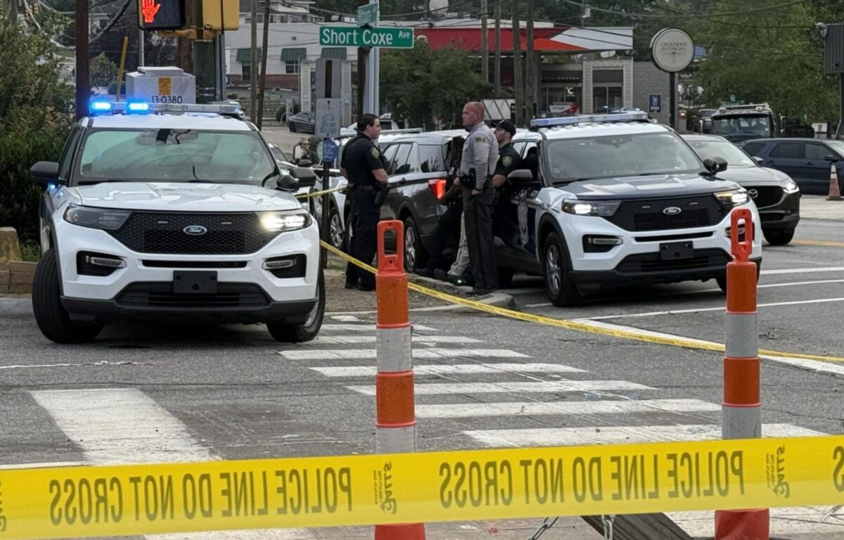 Police cars with flashing blue lights at a taped-off intersection, officers talking near the curb under a 'Short Coxe Ave' sign.