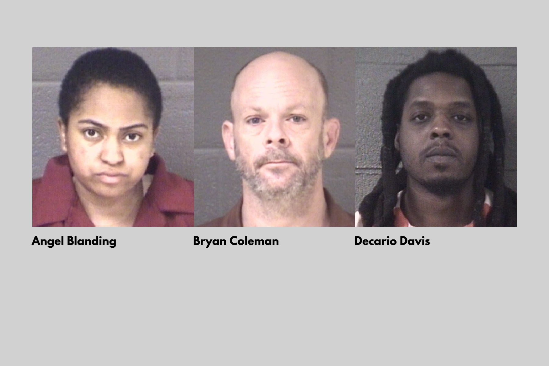 Mug shots of the three defendants sentenced this week in Buncombe County Superior Court. From left are Angel Blanding, Bryan George Coleman and Decario Davis, who received active prison sentences in separate criminal cases announced Thursday by the Buncombe County District Attorney's Office.