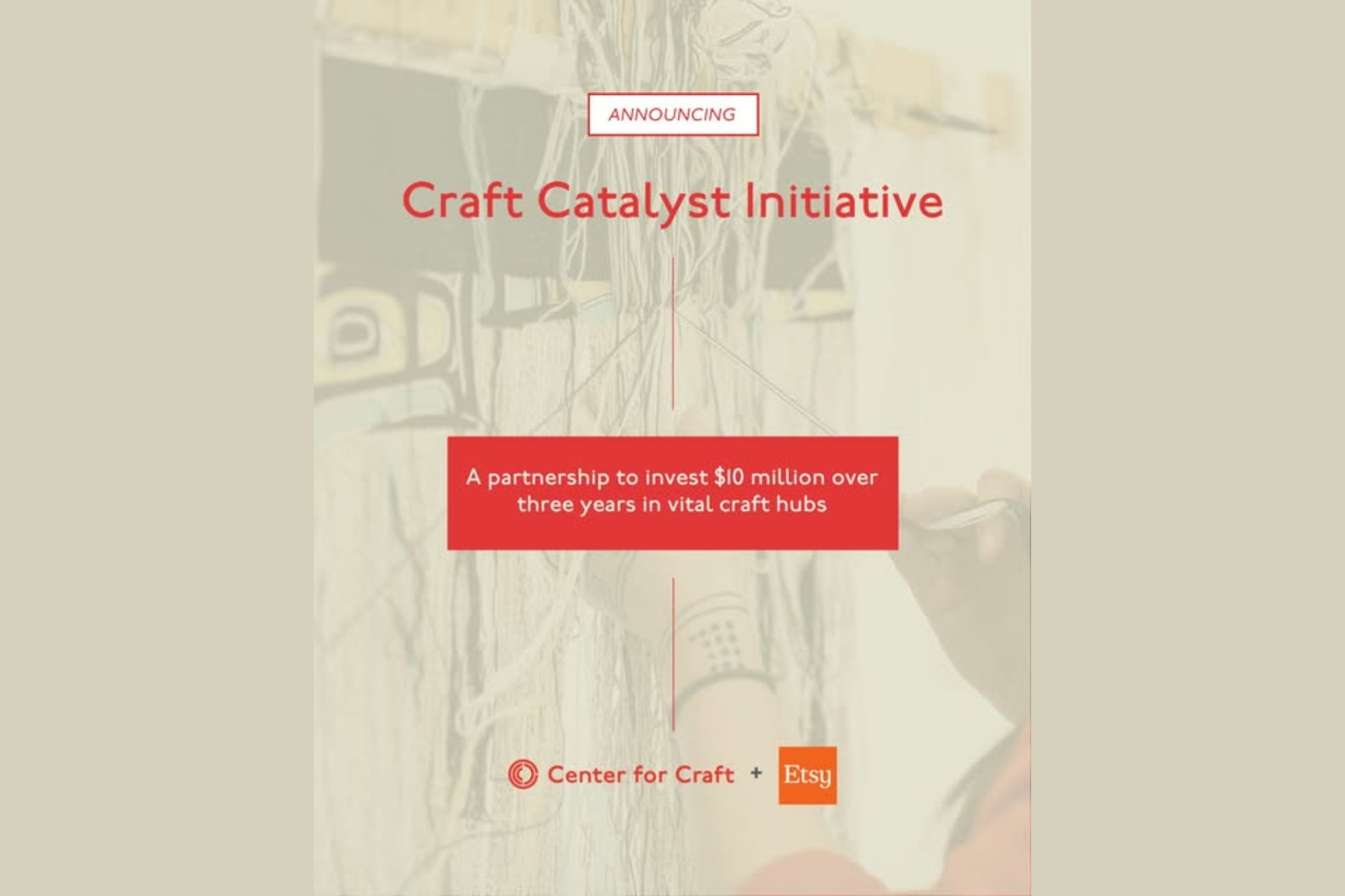 Announcement poster for the Craft Catalyst Initiative: a partnership to invest $10 million over three years in vital craft hubs, with Center for Craft and Etsy logos at the bottom