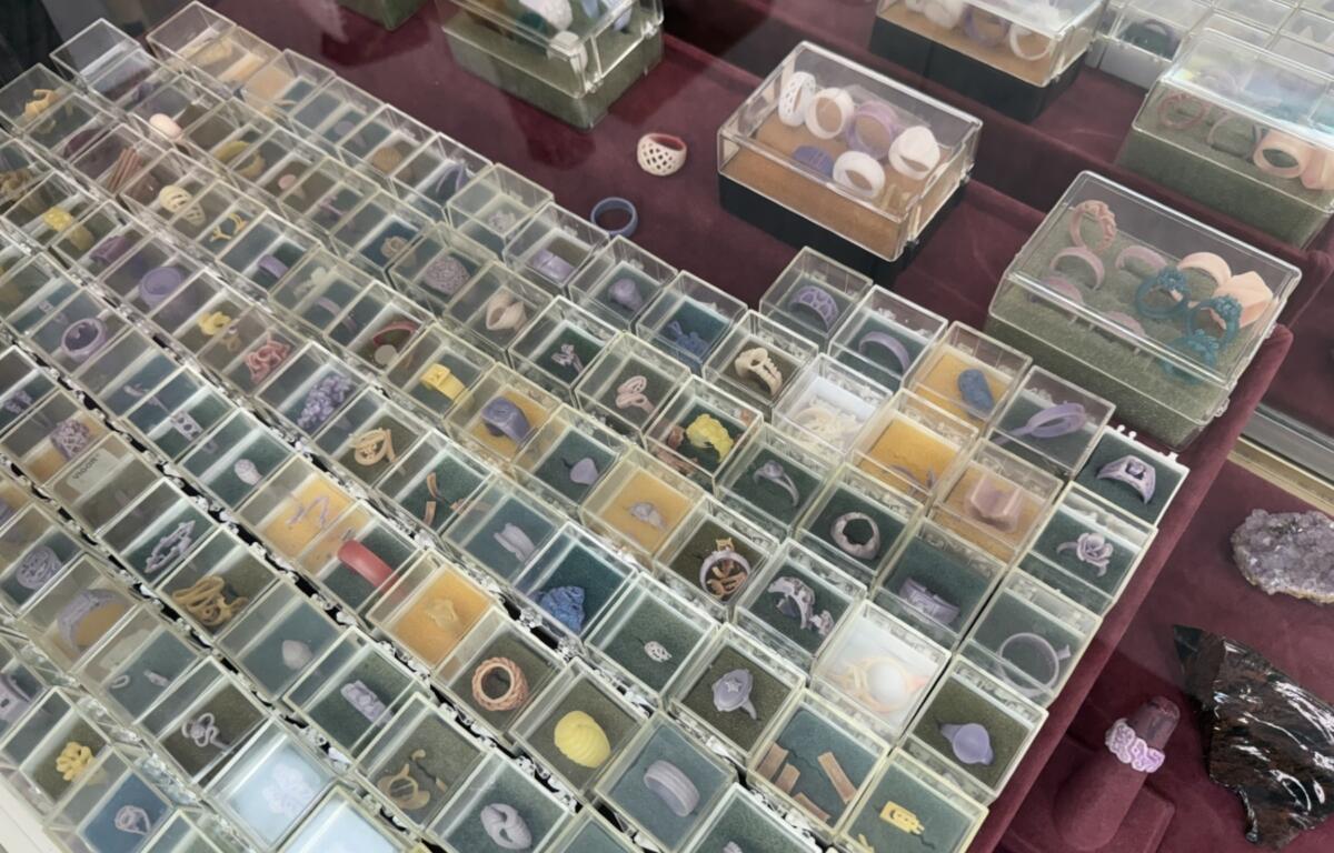 Wax models for custom-designed jewelry are displayed at D.C. Creasman Jewelers. The detailed molds allow customers to preview the design and ensure every element is just right before the piece is cast in precious metal.