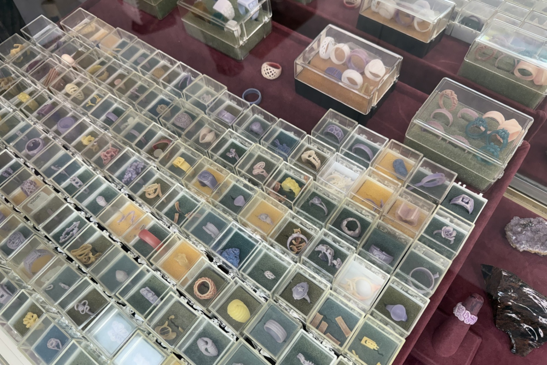 Wax models for custom-designed jewelry are displayed at D.C. Creasman Jewelers. The detailed molds allow customers to preview the design and ensure every element is just right before the piece is cast in precious metal.