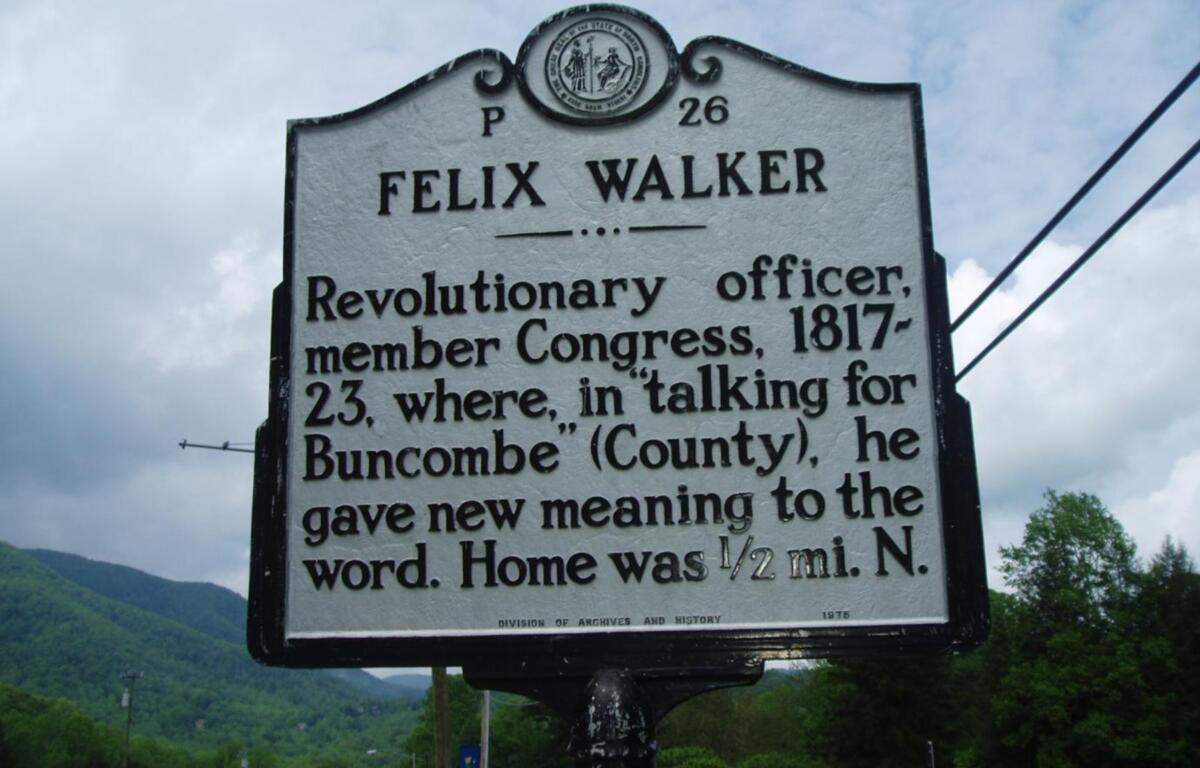 Historical roadside marker for Felix Walker, Revolutionary War officer and congressman, with county history text in Buncombe County, North Carolina.