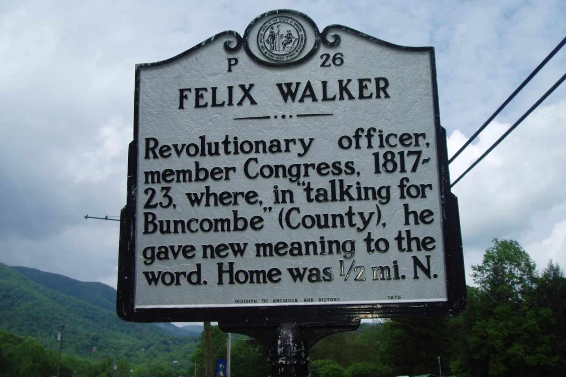Historical roadside marker for Felix Walker, Revolutionary War officer and congressman, with county history text in Buncombe County, North Carolina.
