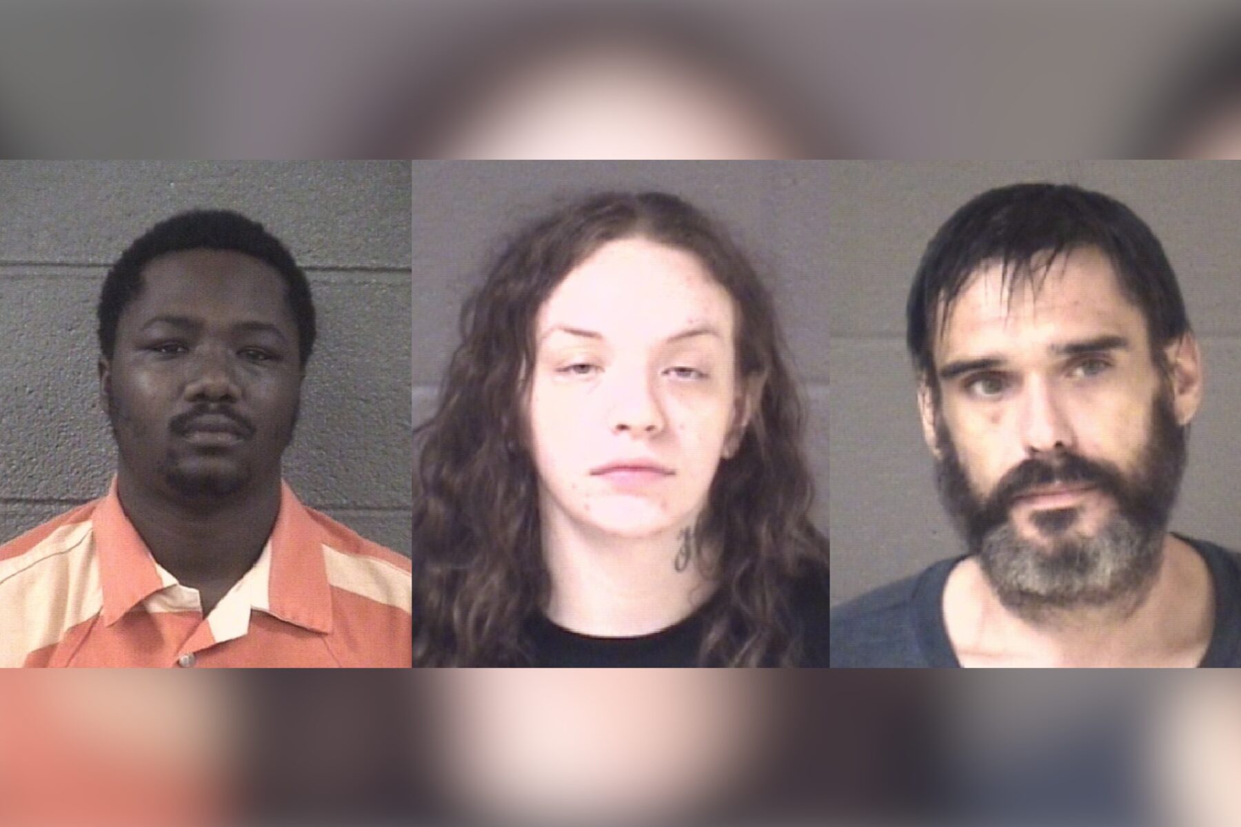 Three mugshots of suspects against gray walls, shown left to right: a Black man in an orange striped prison uniform, a white woman with curly hair and a neck tattoo, and a bearded man with dark hair.