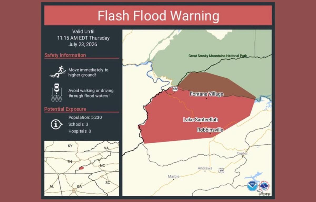 Flash Flood Warning poster with safety tips and a map of flood-prone areas around Fontana Village and Lake Santeetlah in North Carolina/or nearby region.