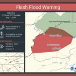 Flash Flood Warning poster with safety tips and a map of flood-prone areas around Fontana Village and Lake Santeetlah in North Carolina/or nearby region.