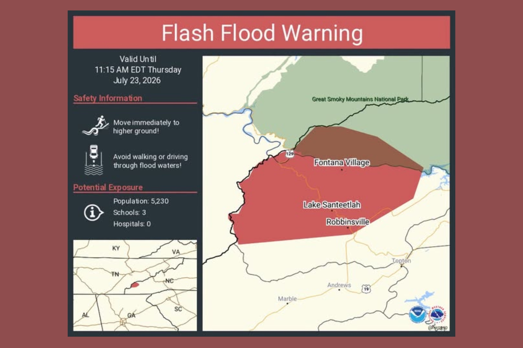 Flash Flood Warning poster with safety tips and a map of flood-prone areas around Fontana Village and Lake Santeetlah in North Carolina/or nearby region.