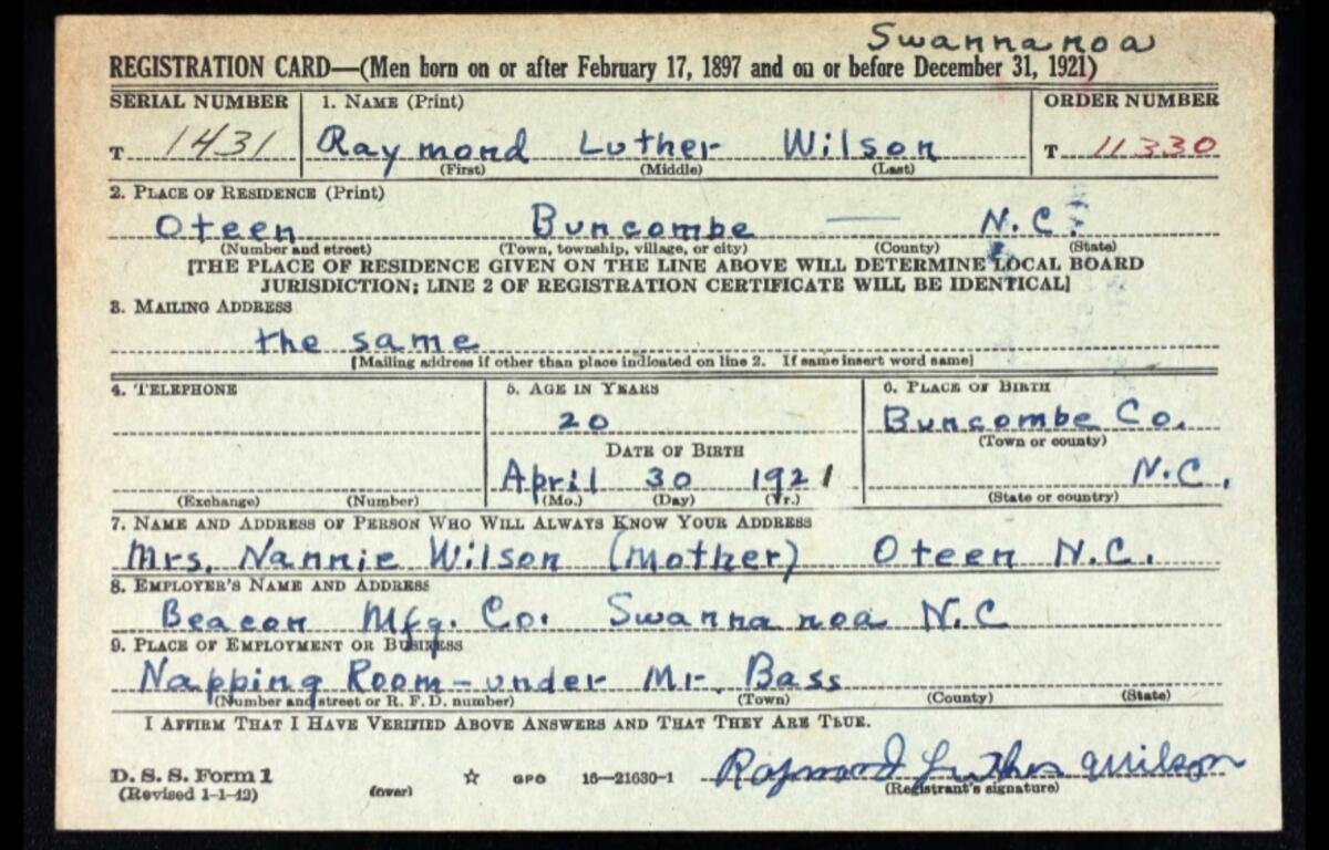 Raymond Wilson's military registration card